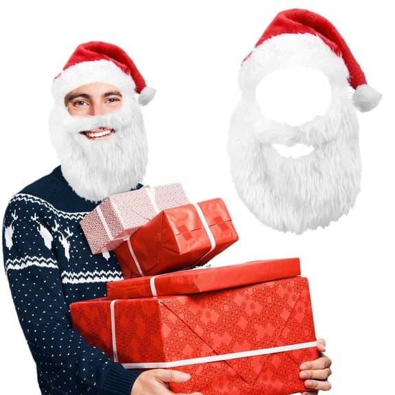 Santa Hat with Beard Christmas Costume Hat Red White Holiday Dress Up Cap for Adults Festive Party