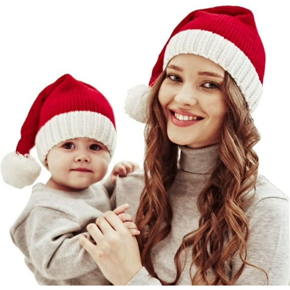 Santa Hats Family Matching Xmas Knit hat Parent-Child Pom Beanie Hat Winter Warmer Crochet Cap for Family Christmas Party Red White