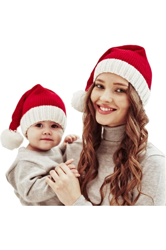 Santa Hats Family Matching Xmas Knit hat Parent-Child Pom Beanie Hat Winter Warmer Crochet Cap for Family Christmas Party Red White