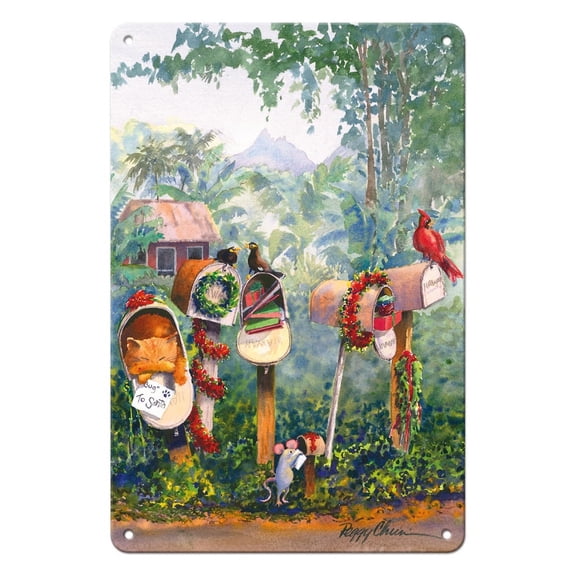 To Santa - Hawaiian Christmas (Mele Kalikimaka) Letters in Mailbox - From an Original Hawaii Watercolor Painting by Peggy Chun - 8 x 12 inch Vintage Metal Tin Sign