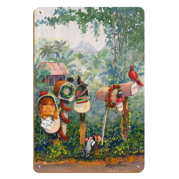 To Santa - Hawaiian Christmas (Mele Kalikimaka) Letters in Mailbox - From an Original Hawaii Watercolor Painting by Peggy Chun - 8 x 12 inch Vintage Wood Art Sign