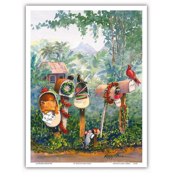 To Santa - Hawaiian Christmas (Mele Kalikimaka) Letters in Mailbox - From an Original Hawaii Watercolor Painting by Peggy Chun - Master Art Print (Unframed) 9in x 12in
