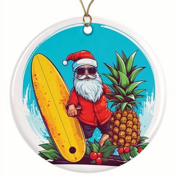 Santa with Hawaiian Pineapple and Surfboard Christmas Ornament - Festive Holiday Decor - 2.8" Round - Gold String Included - UV Printed Design - Choose from Over 140 Designs - BMCO0388