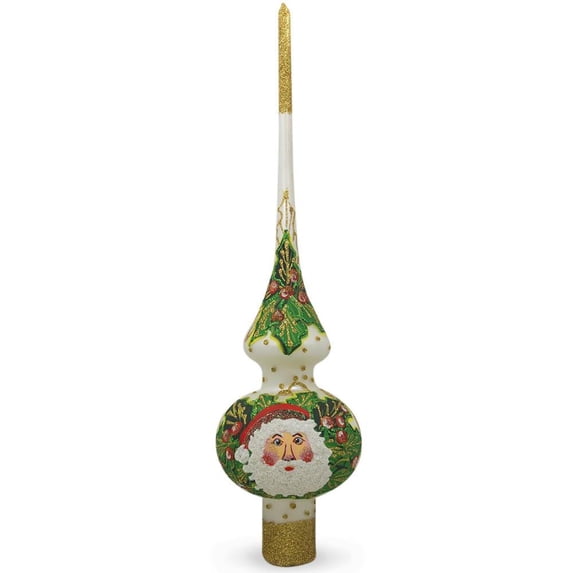 Santa Head and Mistletoe on White Glass Christmas Tree Topper 11 Inches