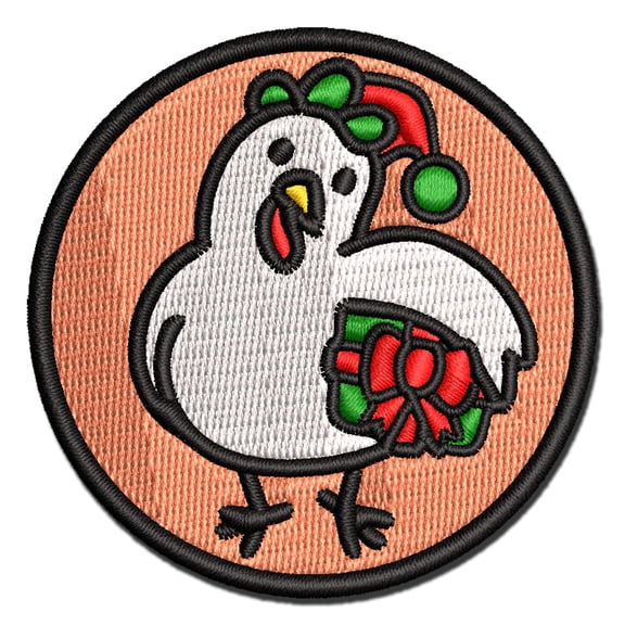 Santa Helper Elf Christmas Chicken with Present Applique Multi-Color Embroidered Iron-On Patch - 2.0 Inch Mini