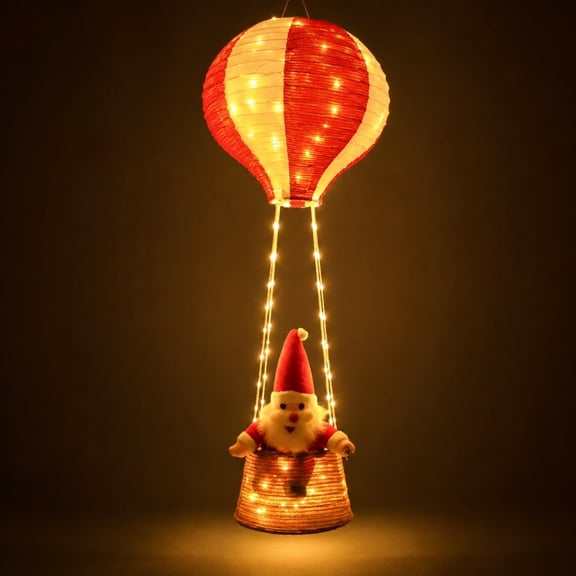 Santa Hot Air Balloon Light, Striped Paper Hanging Ornament, LED Ceiling Decor for Christmas, Floating Holiday Centerpiece, Winter Wonderland Accent