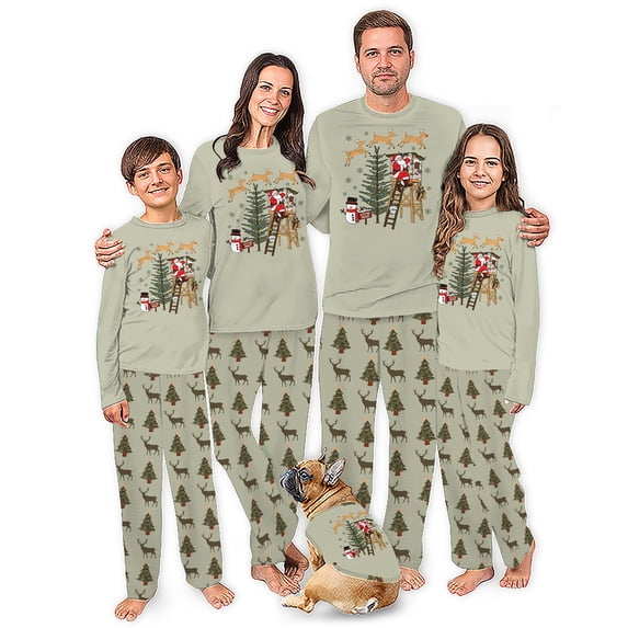 Santa Hunting Reindeer Matching Family Christmas Pajamas With Dog, Christmas Tree Holiday PJs, Plus Sizes, With Pockets