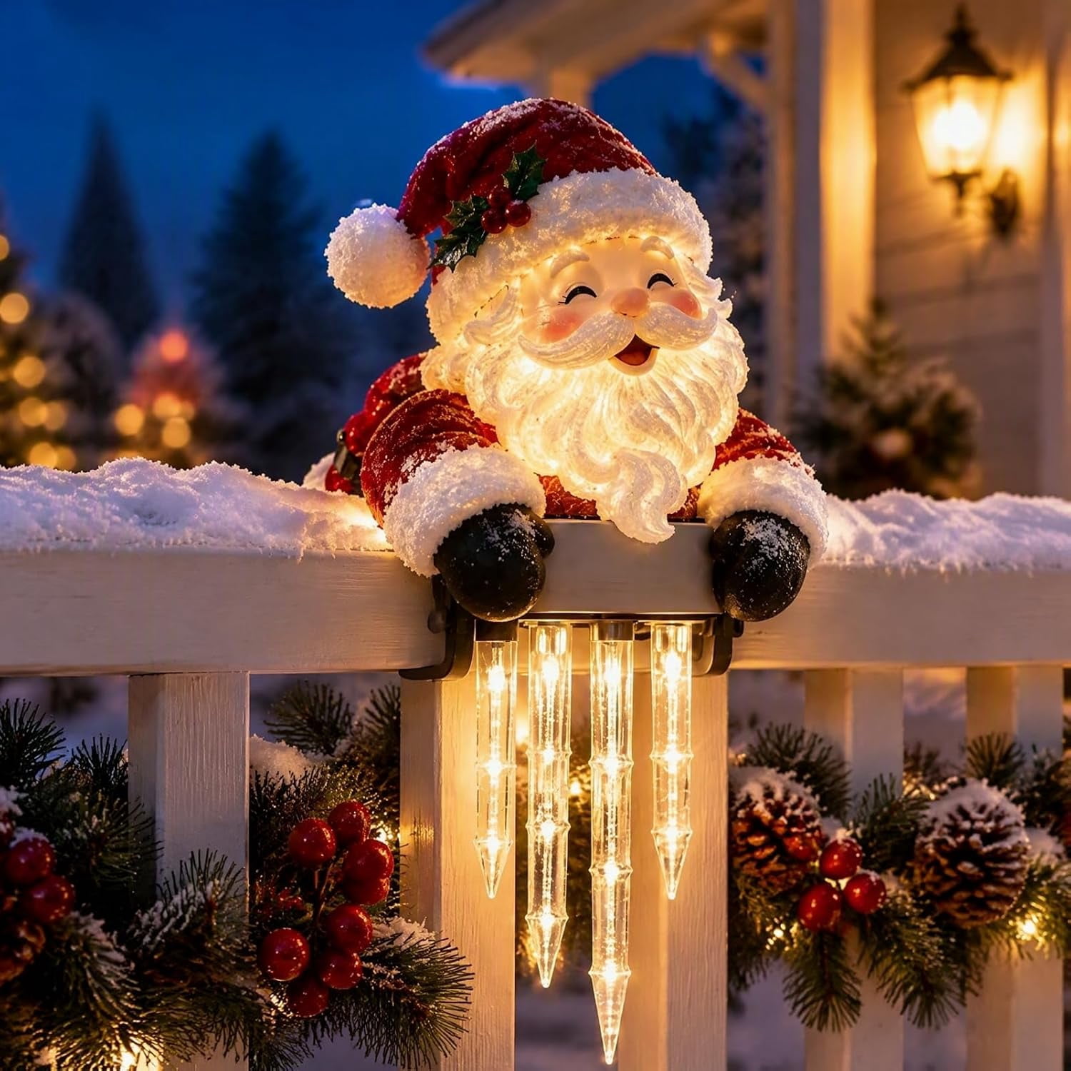 Santa Icicle Light, Hanging Christmas Railing Decor with Fluffy Beard ...