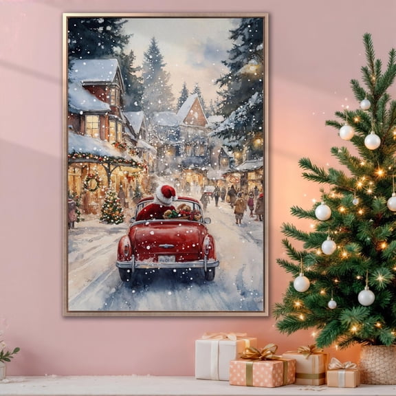 Santa In Cabriolet Poster Presents Wall Art Village Poster Festive Winter Decor Ready To Hang, Unframed Poster Size 12x18