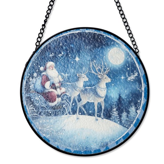 Santa In Sleigh With Reindeer Suncatcher Stained Glass Style UV Printed Glass Classic Christmas Scene Round