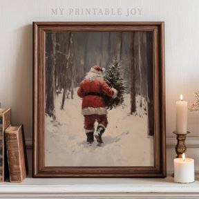 Santa In Snowy Forest Wall Art Print, Rustic Christmas And Cozy Holiday Decor