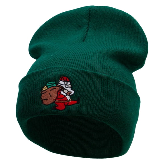 Santa Is Running Embroidered 12 Inch Long Knitted Beanie - Dk Green OSFM