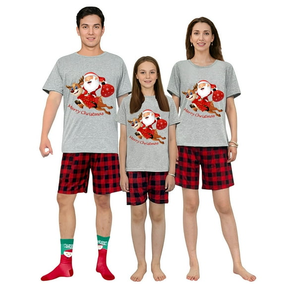 Santa Jumping Deer Merry Christmas Family Matching Pajama Short Set(7-8Y,Kid)