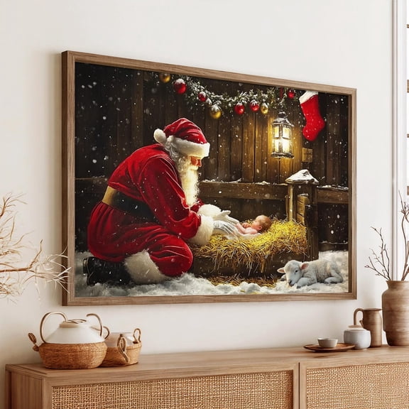 Santa Kneeling Before Baby Jesus, Christian Nativity Scene, Religious Christmas, Santa and Jesusable 0914, Wall Art
