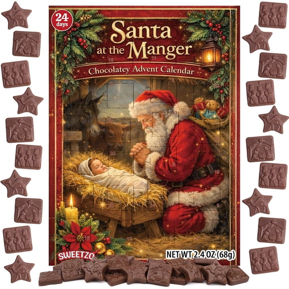 Santa Kneeling Nativity Advent Calendar, 24 Day Chocolatey Christmas Countdown, 2.4 Ounces