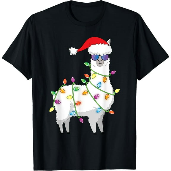 Santa Llama Shirt Funny Christmas Tree Lights Llama Xmas T-Shirt