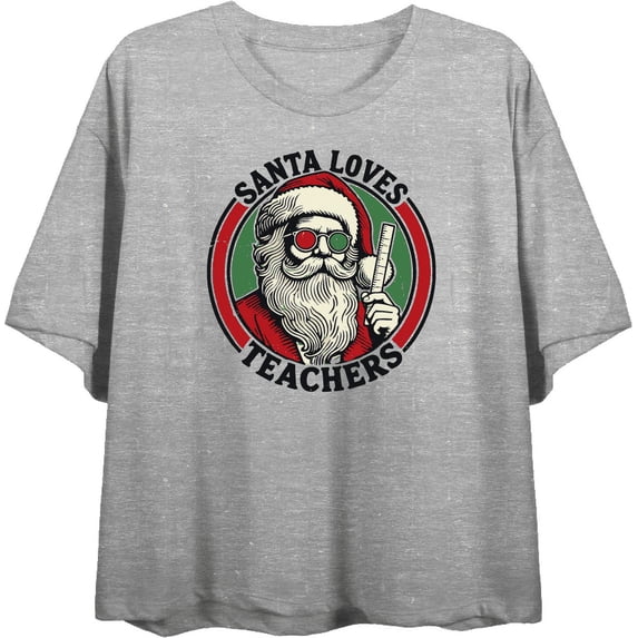 Santa Loves Teachers Women's Heather Gray Crew Neck Short Sleeve Crop Tee-Medium
