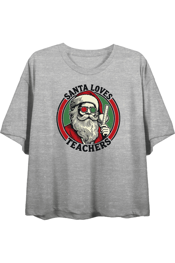 Santa Loves Teachers Women's Heather Gray Crew Neck Short Sleeve Crop Tee-Medium