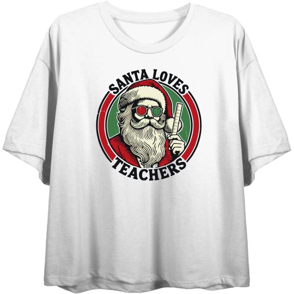 Santa Loves Teachers Women's White Crew Neck Short Sleeve Crop Tee-3XL