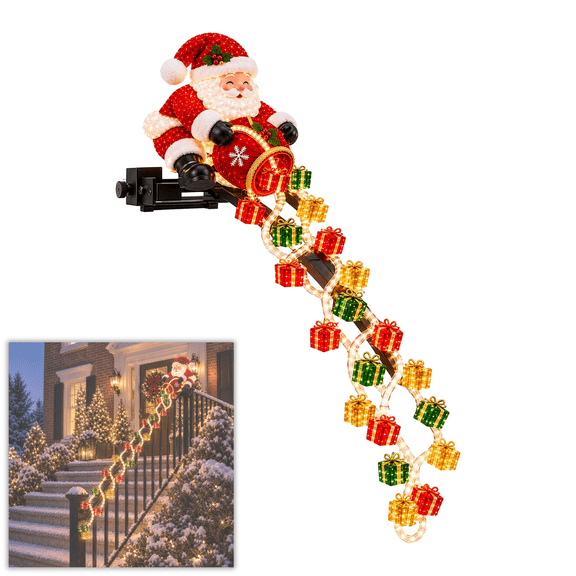 Santa Magic Gift Cascade Railing Light, 3D Figurine Christmas Door Hanger, Wrap-Around Railing LED Light, Indoor Outdoor Porch Stair Holiday Ornament
