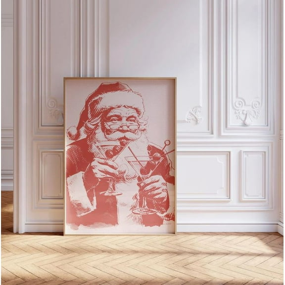 Santa Martini Christmas Print Bar Cart Wall Art Cocktail Seasonal Painting Poster, Size 24''x36''-Gategoo