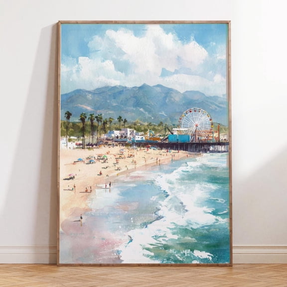 Santa Monica California Beach Pier Pacific Coast Wall Art, Unframed Paper Print Size 8x12