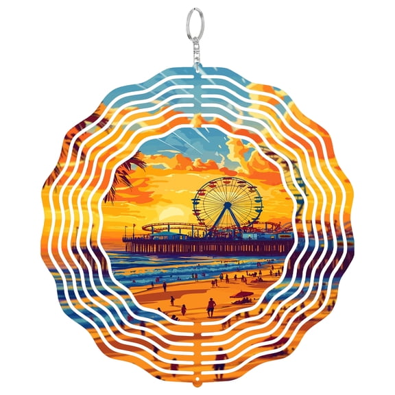 Santa Monica California Pier Sign 3D Wind Spinner Metal Kinetic Hanging Sculpture Outdoor Decor Route 66 End Gift