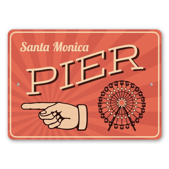 Santa Monica Pier, Arrow Sign, Seaside Boardwalk Sign, Seaside Park Sign, Ferris Wheel Aluminum Sign - 4x18 inches