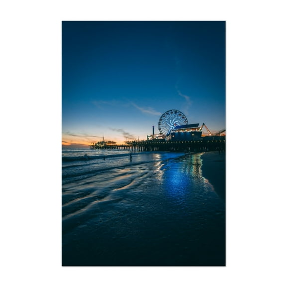 Santa Monica Pier Sunset 04 - Los Angeles California Photography Beach Boardwalk Sunset Night Sky Coast Ocean Nightlife Unframed Wall Art Print 20 x 28 inches