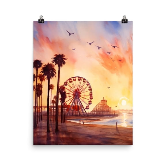 Santa Monica Pier Sunset Print, California Coastal Wall Art, Romantic Ocean Sunset Poster, Pacific Seascape Home Decor, Us Home Decor UNFRAMED Poster, Wall Art for Decor, Present, 24x36