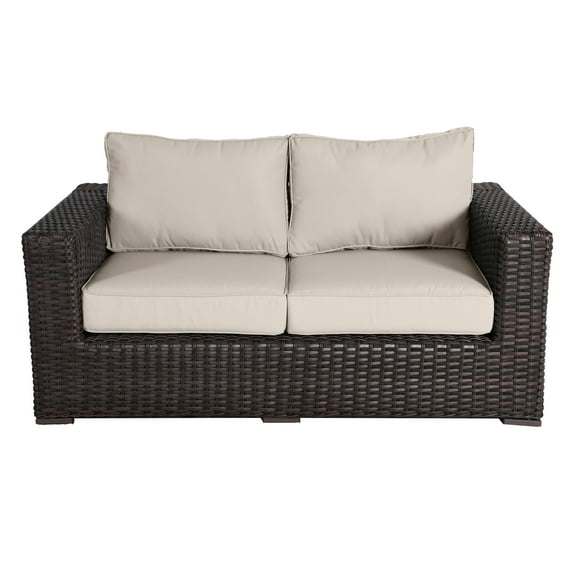 Santa Monica Wicker Rattan Love Seat in Espresso Brown Frame/Light Beige Cushion