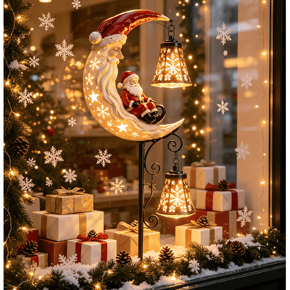 Santa Moonlight Lantern Solar Garden Stake, Solar Lights Outdoor Decorative, Christmas Yard Art with Seated Santa Figure, Garden Lights Solar Powered for Pathway Lawn Porch