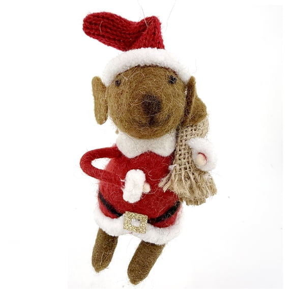 Santa Mouse Ornament - Wool Brown Mouse Holding Sack Christmas Tree Holiday Decoration