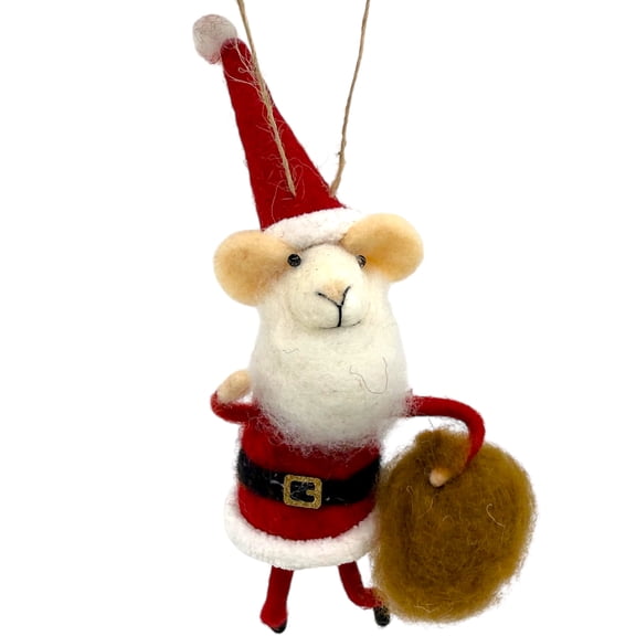 Santa Mouse Ornament - Wool Mouse Dressed in Claus Suit with Sack Tree Holiday Decoration