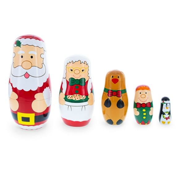 Santa, Mrs. Claus, Reindeer, Elf Wooden Nesting Dolls 6 Inches