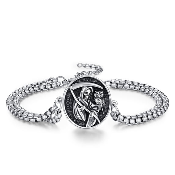 Santa Muerte Bracelet 925 Sterling Silver Grim Reaper Bracelet Owl Skull Holy Death Scythe Aumelt Charm Santa Muerte Jewelry for Men Women