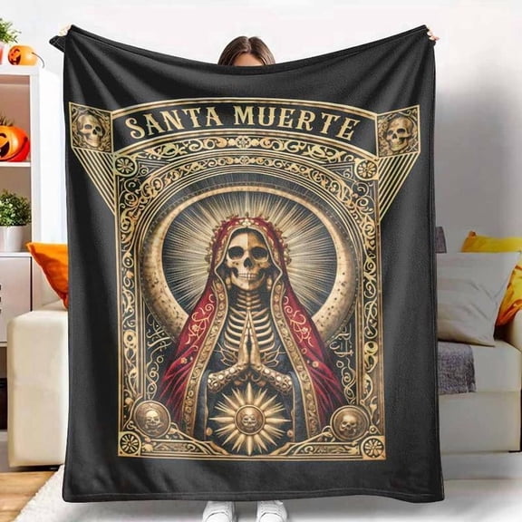 Santa Muerte Flannel Blanket, Day of the Dead Print, UltraSoft, Lightweight, AntiPilling, AntiWrinkle, Perfect for Gothic Decor, Halloween Season, Spiritual Practices, Home Decor