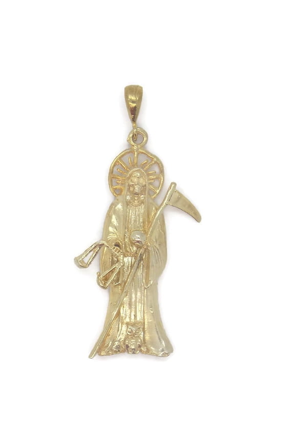 Santa Muerte Holy Death Grim Reaper 14k Solid Yellow Gold Large Pendant!!