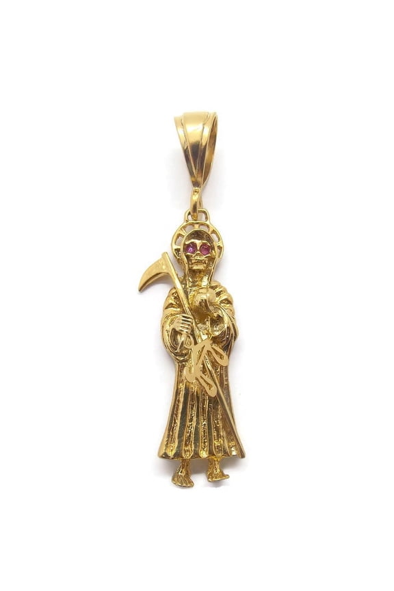 Santa Muerte Holy Death Grim Reaper with Ruby Eyes 14k Solid Yellow Gold Pendant!!