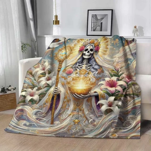 Santa Muerte La Nina Blanca Flannel Blanket, Day of the Dead Print, UltraSoft, Lightweight, AntiPilling, AntiWrinkle, Perfect for Gothic Decor, Halloween Season, Home Decor