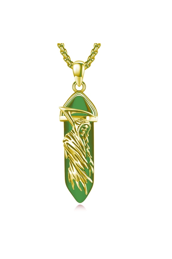 Santa Muerte Necklace 925 Sterling Silver Grim Reaper Pendant Healing Crystal Point Skull Holy Death Necklace Amulet Protection Jewelry for Men Women Gothic Style Halloween Gifts (Gold-Green)