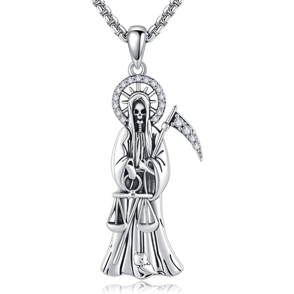 Santa Muerte Necklace Sterling Silver Cadena De la Sannta Muerte Grim Reaper Jewelry Gift for Men