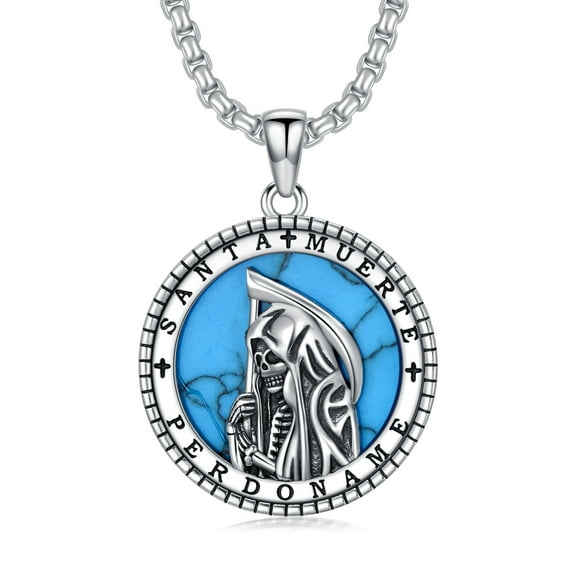 Santa Muerte Necklace Sterling Silver Holy Death Grim Reaper Pendant Necklace Turquoise Jewelry for Men Women