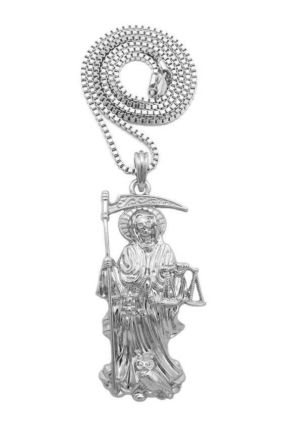 Santa Muerte Our Lady of Holy Death Pendant 2.5mm 24" Box Chain Necklace
