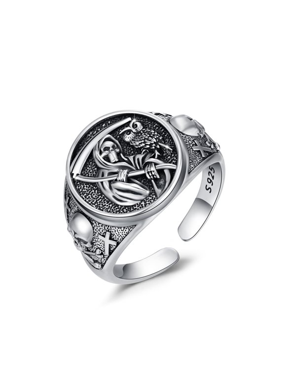 Santa Muerte Ring for Men 925 Sterling Silver Owl Skull Grim Reaper Ring Oxidation Holy Death Scythe Aumelt Santa Muerte Jewelry Christmas Father's Day Gifts for Father Husband