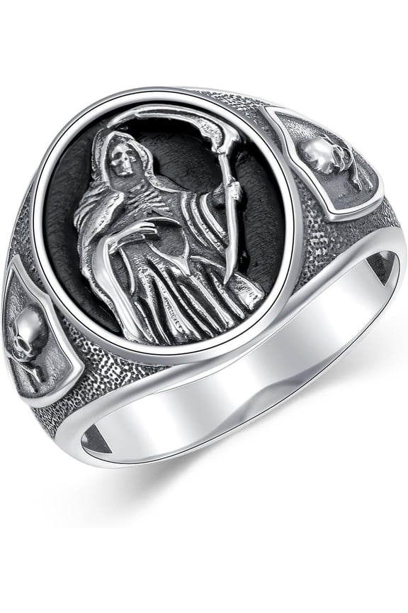 Santa Muerte Ring for Men Size 9/10/11 In 925 Sterling Silver Goth Grim Reaper Skull Signet Ring Jewelry