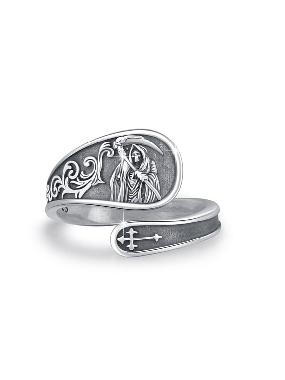 Santa Muerte Spoon Ring 925 Sterling Silver Goth Grim Reaper Gothic Skull Adjustable Ring Jewelry Halloween Christmas Gifts for Men Women #8