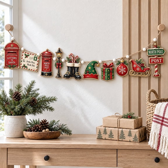 Santa North Pole Garland, Wooden Mantel Decor for Christmas