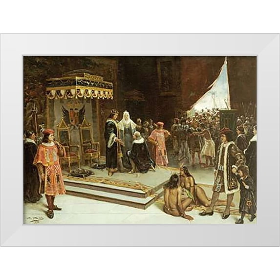 Santa Olalla, Francisco Garcia 18x14 White Modern Wood Framed Museum Art Print Titled - Columbus Before The Spanish Court After His Return From The Americas