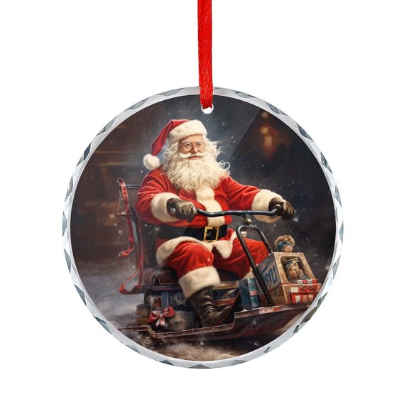 Santa On Sled Glass Ornament Unique Gift Idea Rustic Country Holiday Glass Round Ornaments